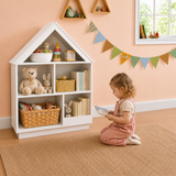 Montessori style kids house bookcase with five open storage cubbies