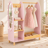 Pink wooden dress up rail with LED mirror and storage in a neutral Little Helper playroom.