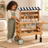Wooden kids’ tool bench and rolling cart with play tools