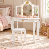 White kids’ vanity set with tri-fold mirror, crown-shaped drawer handle and curved legs