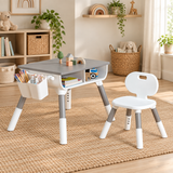 Height adjustable kids table and chair set in white and grey