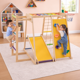 Children’s indoor jungle gym with monkey bars and climbing net