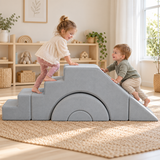 Grey modular kids play sofa arranged into a compact foam chair