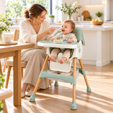 Sage green adjustable folding baby highchair with reclining seat and removable feeding tray