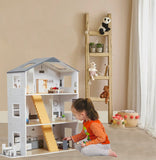 Large Montessori Detailed & Realistic Wooden Dolls House | 3 Storey Dollhouse  with 18 wooden Furniture Pieces