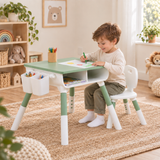 Height adjustable kids table and chair set in white and green