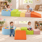 multicoloured pastel kids soft play blocks with slide and steps