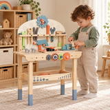 Kids wooden tool bench with colourful play tools, magnetic rack and lower storage shelf