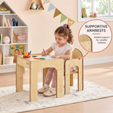 Natural wooden toddler chair and table set - the chairs have arms for added safety and security