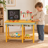 Wooden kids’ tool bench with blackboard and toy building tools
