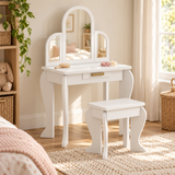 White children’s vanity table and stool set with curved legs