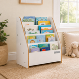 White Montessori children’s bookcase with front-facing books