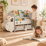 Car shaped kids bookshelf and toy storage organiser with removable bins