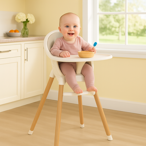 Baby high chair in white with beechwood legs