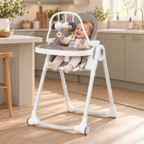 Grey 2-in-1 foldable baby highchair with reclining padded seat and feeding tray