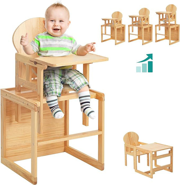 2-in-1 Deluxe Eco Wood Wood Height Adjustable Combination Baby High Chair | Table & Chair Set | Natural | 6m+