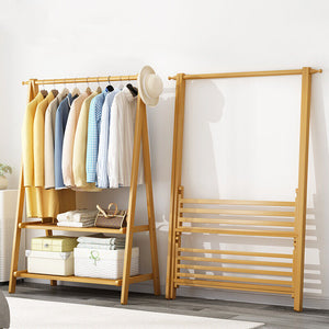 Folding Eco 100% Bamboo Wood |  Freestanding Clothes Rack with 2 Shelves & Side Hooks  | Natural | 1.6m High