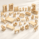 Assembled wooden dolls house furniture arranged to show the miniature furniture designs.