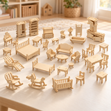 Natural wooden dolls house furniture set with miniature tables, chairs, beds and storage furniture.
