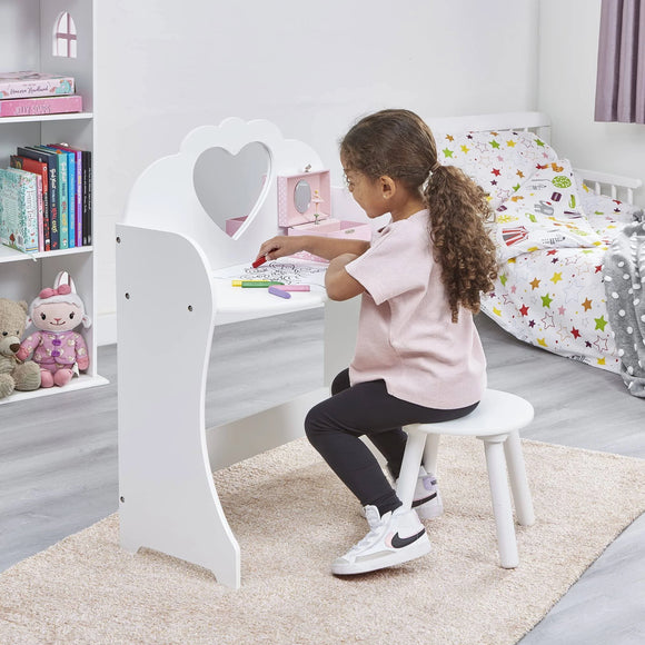 Girls | Childrens Dressing Table | Vanity Table cum Desk & Stool | Solid White Wood