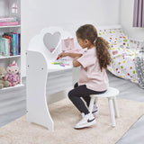Jenter | Sminkebord for barn | Servantbord med skrivebord og krakk | Solid hvitt tre