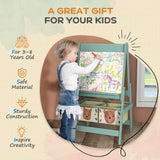Childrens Blackboard | Double Sided Whiteboard & Chalkboard Painting Easel with Paper Roll | 2 Storage Boxes | Sage Green