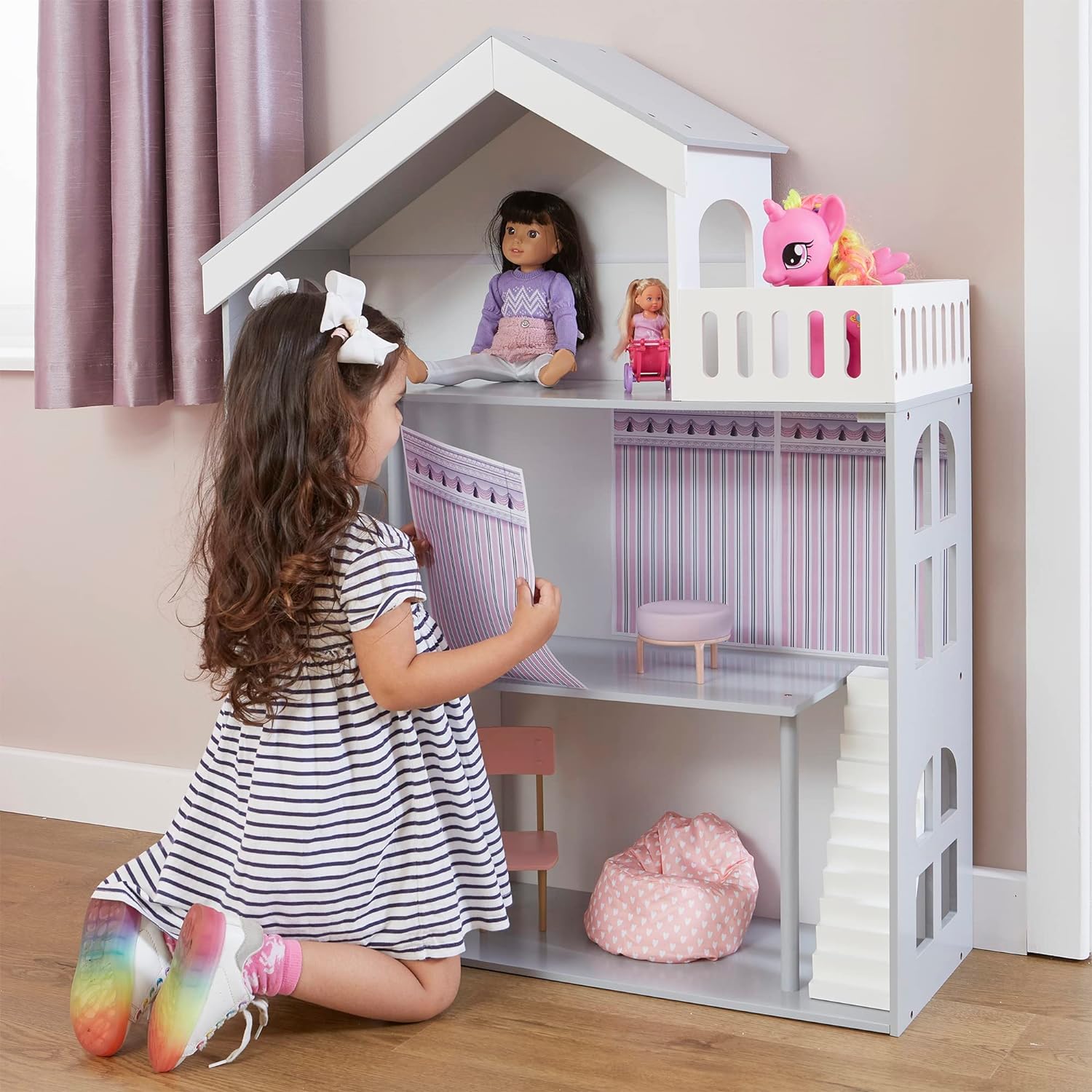 Large 3 Storey Montessori Dollhouse Bookcase Storage Grey White www.littlehelper