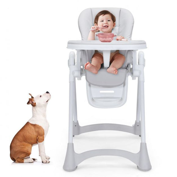 Folding and Reclining Baby High Chair | 6 Height Adjustable | 5 Point Harness | Low Chair | Grey