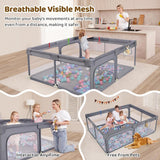 Large Baby Playpen and Ball Pool with Carry Bag  & Pull-up Rings| Mesh and Breathable | 2. x 1.5m | Grey