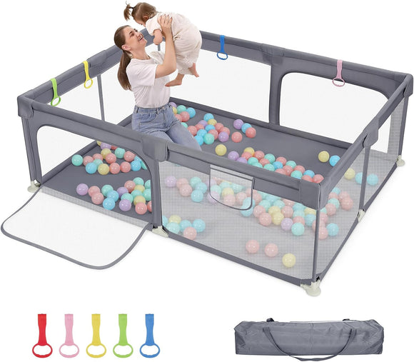 Large Baby Playpen and Ball Pool with Carry Bag  & Pull-up Rings| Mesh Fabric | 2. x 1.5m | Grey