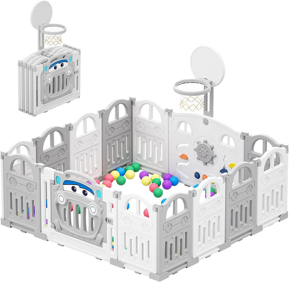 Large 14 Panel Folding Baby Playpen and Ball Pool with Basketball Hoop | 50 Balls