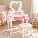 White and pink children’s dressing table with heart mirror, storage drawer and matching bow stool