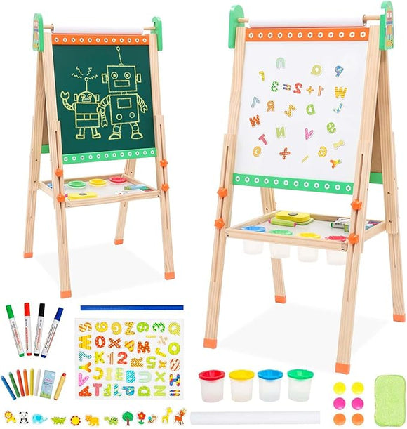 3-in-1 Eco Conscious Wood Height Adjustable Easel | Whiteboard | Blackboard Double Easel | 3-10 Years