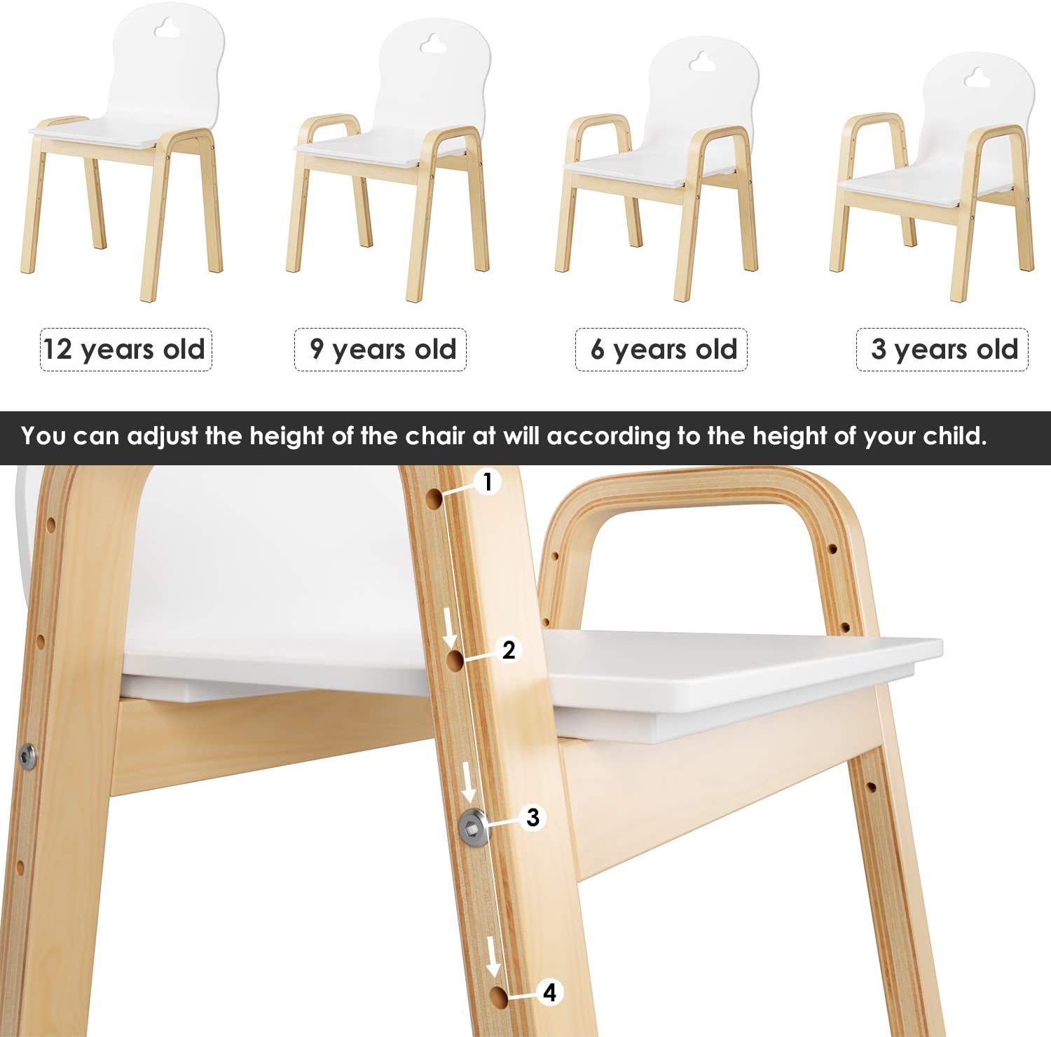 Set of White and Wooden Modern Kids Height Adjustable Chairs