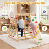 Montessori-style indoor climbing frame with monkey bars and rope net