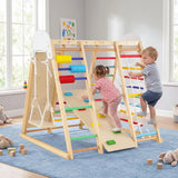 Wooden indoor climbing frame with ramp, net and ladder