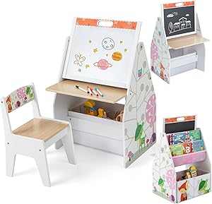 5-in-1 Montessori Compact Kids Easel | Desk & Ergonomic Chair | Sling Bookcase | Bookshelf | Storage | White | 3 Years+