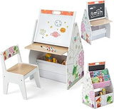 5-in-1 Montessori Compact Kids Easel | Desk & Ergonomic Chair | Sling Bookcase | Bookshelf | Storage | White | 3 Years+