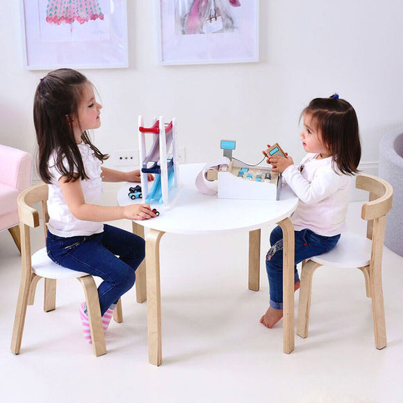 Kids Montessori Eco Poplar Wood & Birch Table | 2 Ergonomic Chairs | White & Natural | 2-10 Year AGE RANGE