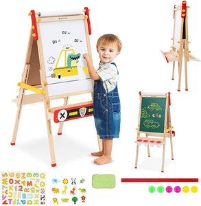 Montessori Height Adjustable Eco Folding Wood Easel | Whiteboard, Blackboard | Paper Roll | Large Accessory Pack | 3-8 Years