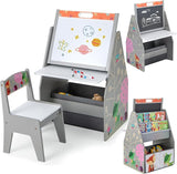 5-in-1 Montessori Compact Kids Easel | Desk & Ergonomic Chair | Sling Bookcase | Bookshelf | Storage | Grey | 3 Years+