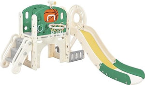 Zestaw zjeżdżalni Montessori dla dzieci 7 w 1 | Obręcz do koszykówki | Zamek z teleskopem | Wspinacz | Rzut pierścieniem | 18m+