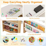 Product advertisement showing a kids' desk setup with storage shelves and bookshelf, emphasizing organisation.