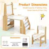 Children's desk and chair set with dimensions and accessories listed.