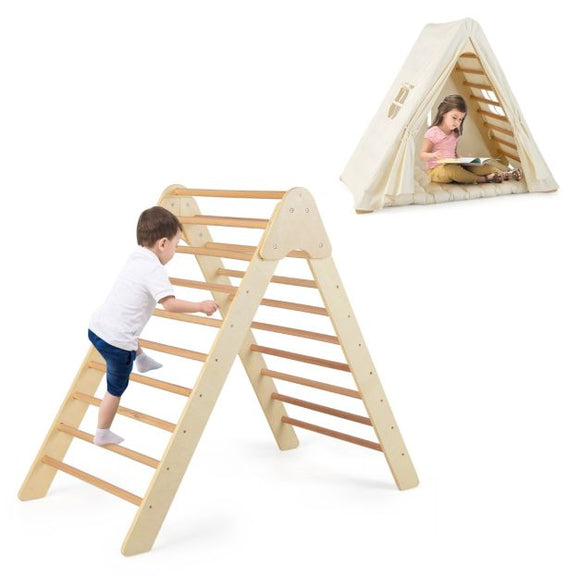 3-in-1 Eco Wood Folding Climbing Frame | Montessori Pikler and Den | Tent with Mat