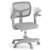 Grey childrens swivel chair with grey mesh backrest on a white background