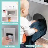 This montessori toy kitchen includes a microwave oven, washing machine and ice maker