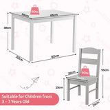 Modern kids playroom table with two white chairs and two soft grey chairs