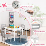White wooden children’s table with four grey and white chairs for crafts and mealtimes