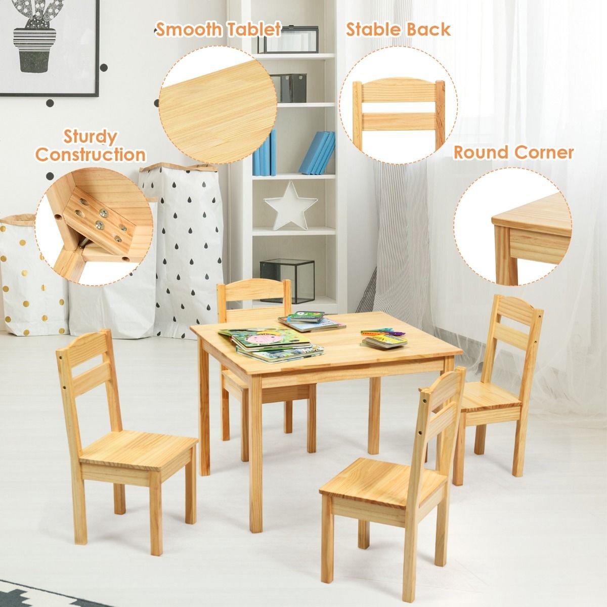 Natural Solid Eco Pine Wooden Kids Table Chairs x 4 3 8 Years www.littlehelper